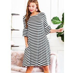 Jersey Knit Midi Dress Pockets Bell Sleeve Black White L Reborn J
